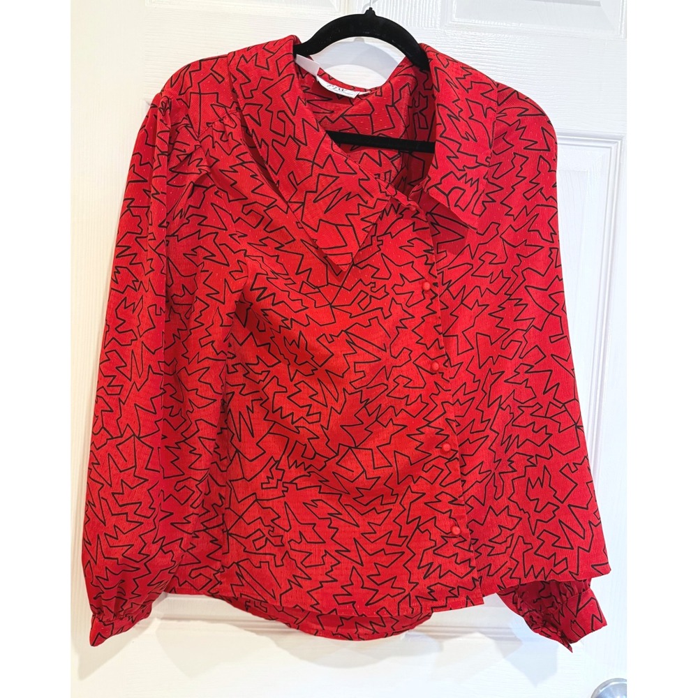 4/$17 TJW Geometric Print Blouse Red Long Sleeve Button Up Top Size 10